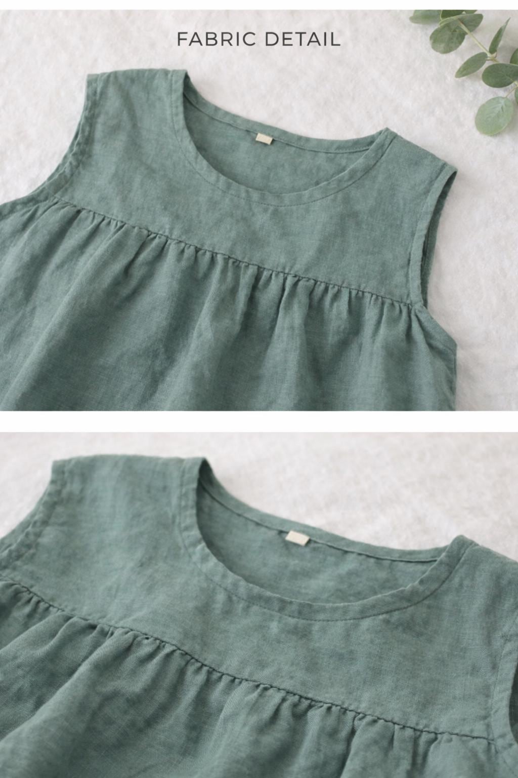 Green 100% linen sleeveless lounge dress with round neck by Lian Loungewear, casual and comfortable for relaxed wear.