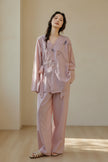 Hand-embroidered bamboo cotton kimono-style pajama set by Lian Loungewear, featuring a wrap design and intricate embroidery.