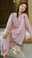 Hand-embroidered bamboo cotton pajama set by Lian Loungewear, kimono-style wrap with intricate embroidery and comfortable fit.