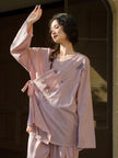 Hand-embroidered bamboo cotton kimono-style pajama set by Lian Loungewear, featuring intricate embroidery and comfortable wrap design.