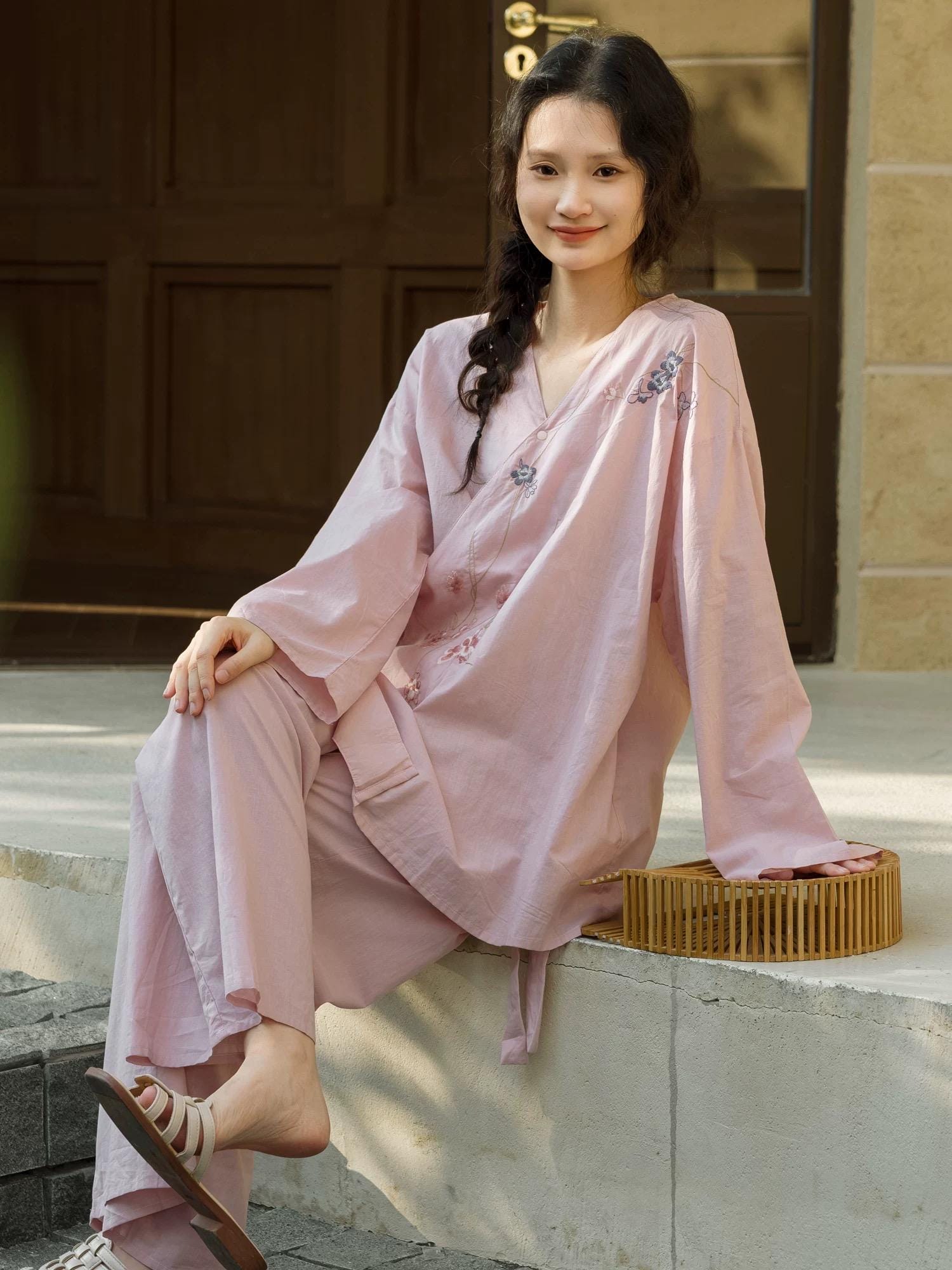 Hand-embroidered bamboo cotton kimono-style pajama set from Lian Loungewear, featuring a soft wrap design and intricate embroidery.