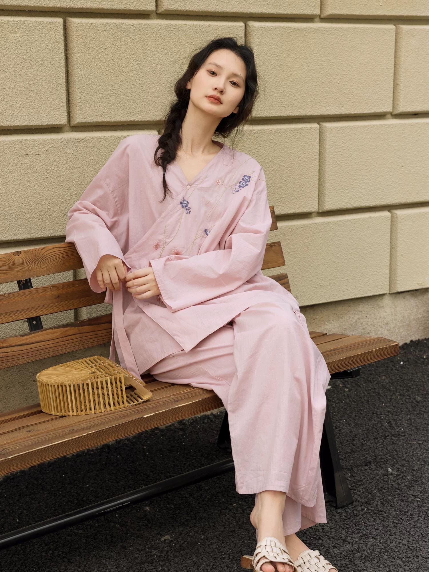 Hand-embroidered bamboo cotton kimono-style pajama set by Lian Loungewear, featuring a comfortable wrap design and intricate embroidery.