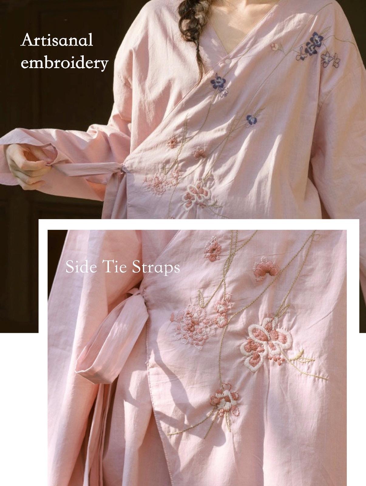 Hand-embroidered bamboo cotton pajama set by Lian Loungewear, kimono-style wrap with intricate embroidery and soft fabric.