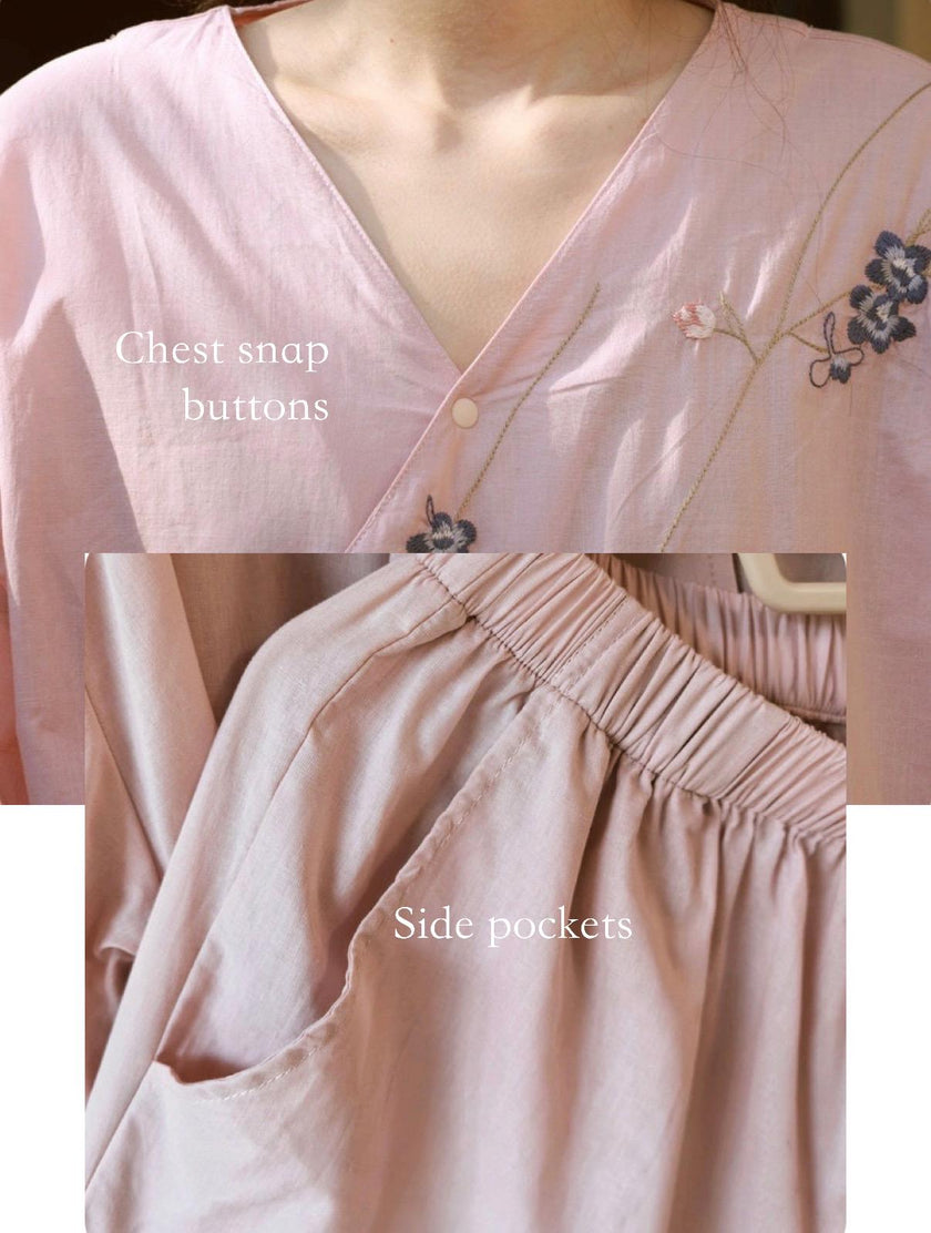 Hand-embroidered bamboo cotton pajama set by Lian Loungewear, kimono-style wrap with intricate embroidery and soft fabric.