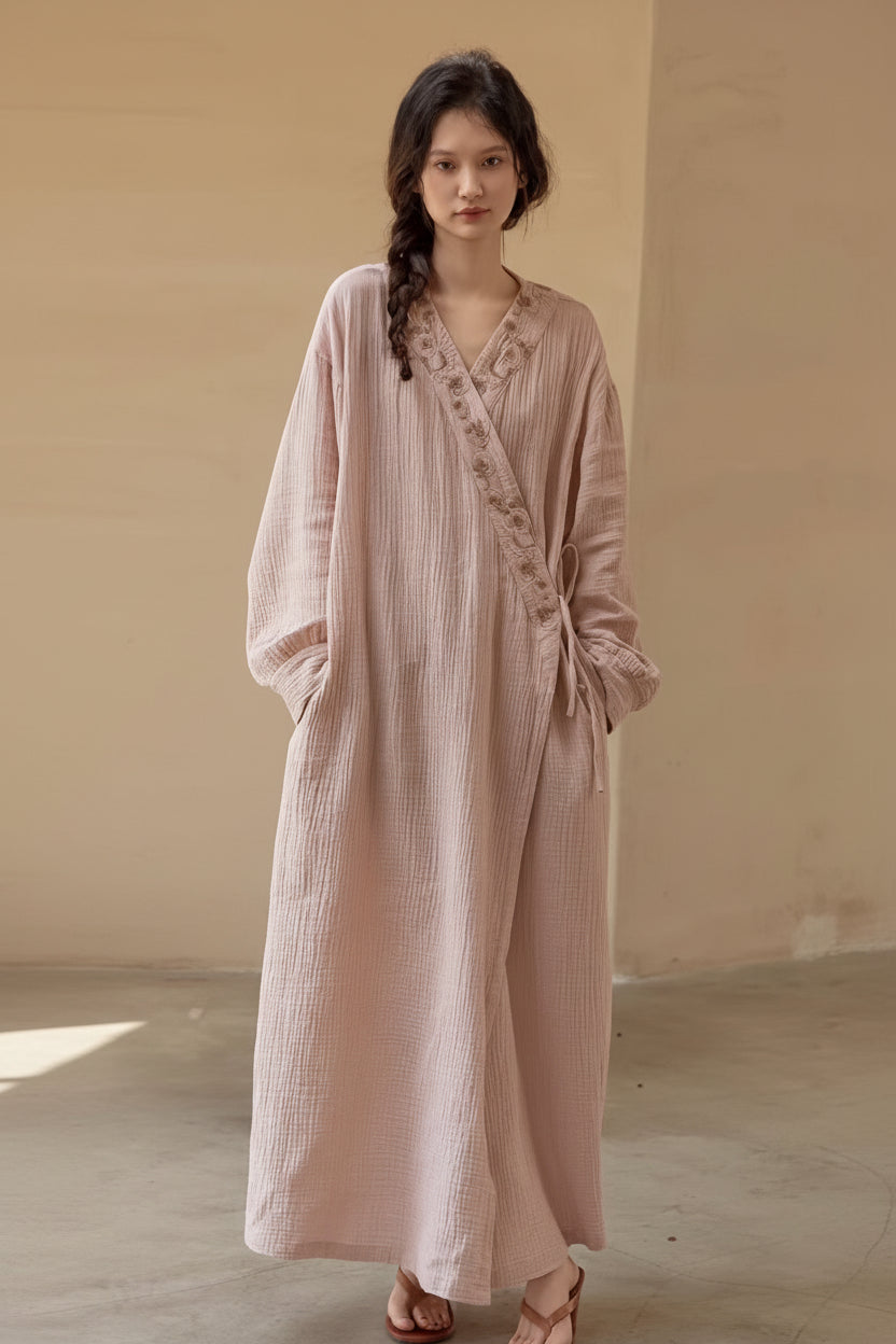 Japanese kimono robe by Lian Loungewear featuring embroidered cotton gauze fabric, showcasing intricate embroidery and lightweight comfort.