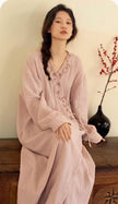 Lian Loungewear Japanese kimono robe made of embroidered cotton gauze with intricate design and relaxed fit.