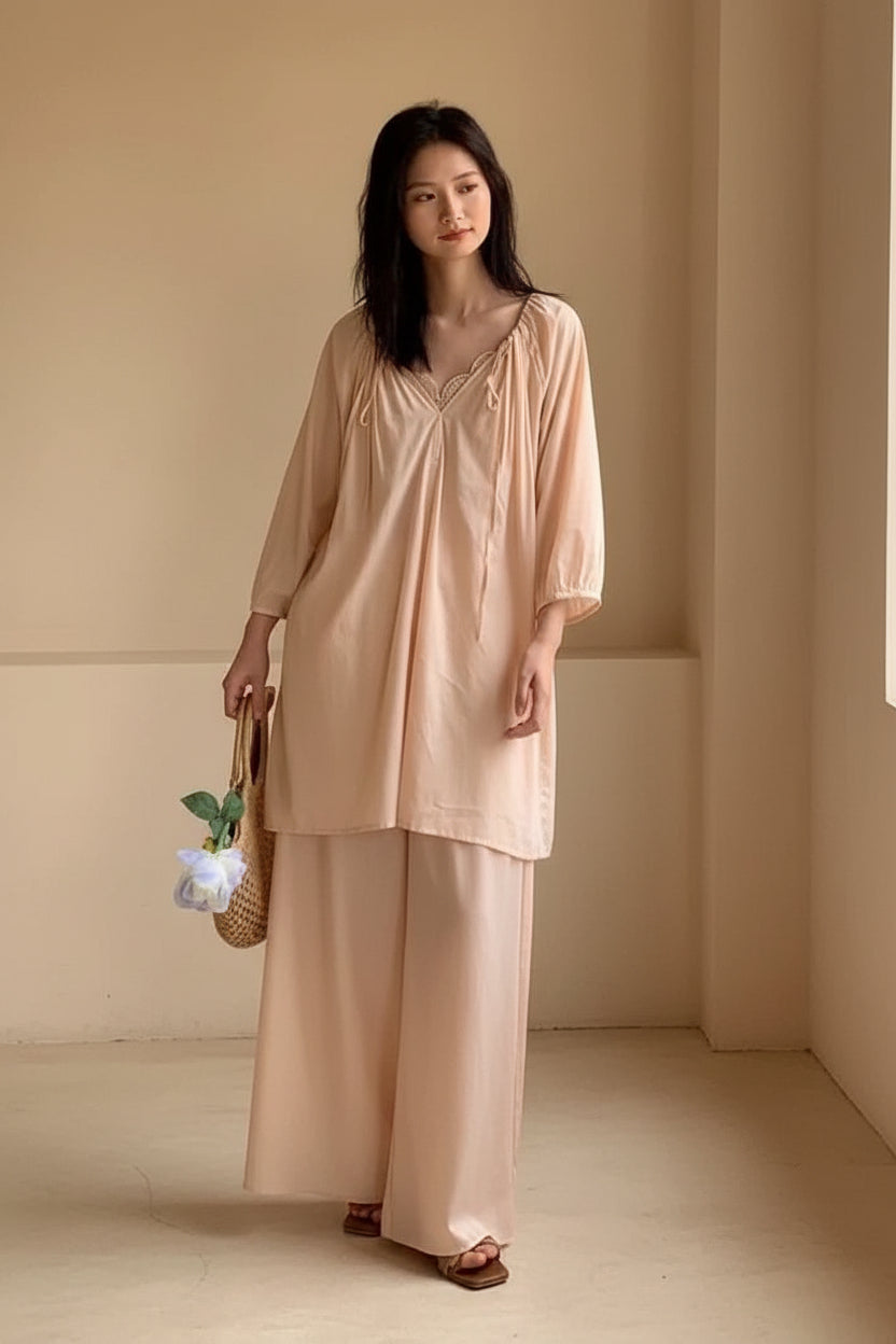 Lian Loungewear bamboo cotton pajama set with long and short pants, soft and comfortable sleepwear for relaxing evenings.