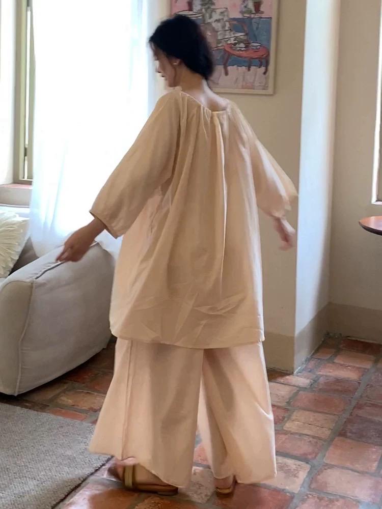 Lian Loungewear bamboo cotton pajama set with long and short pants, featuring a comfortable, relaxed fit and soft fabric.