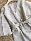Lian Loungewear custom 100% linen maxi dress with relaxed V-neck, adjustable waist tie, natural material, and made-to-order design.