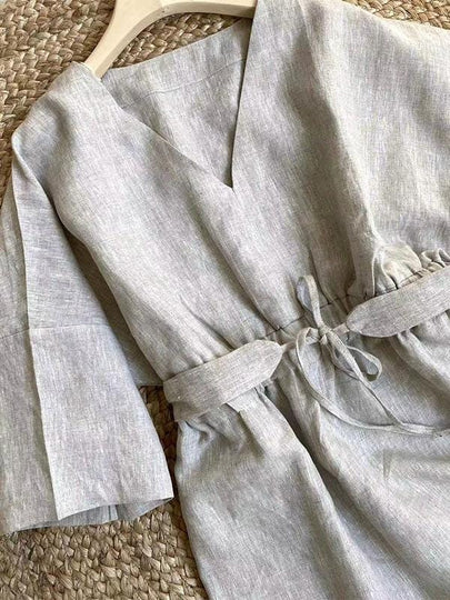 Lian Loungewear custom 100% linen maxi dress with relaxed V-neck, adjustable waist tie, natural material, and made-to-order design.