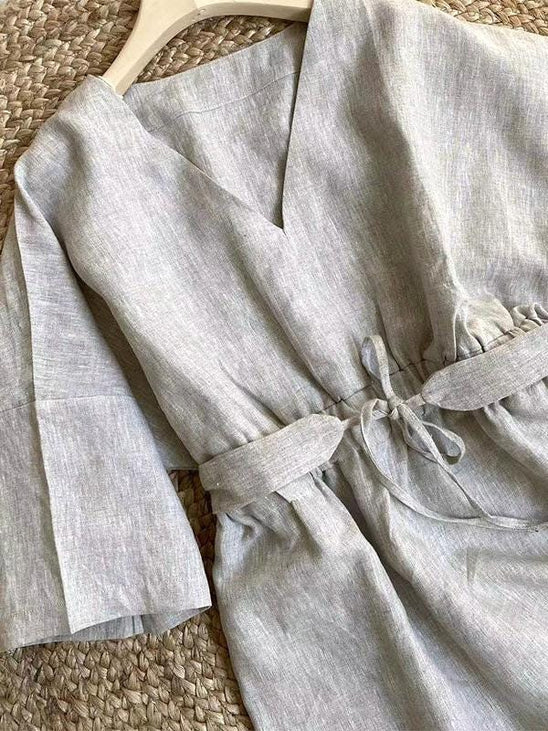 Lian Loungewear custom 100% linen maxi dress with relaxed V-neck, adjustable waist tie, natural material, and made-to-order design.