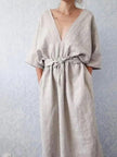 Lian Loungewear custom colour 100% linen relaxed V-neck maxi dress with adjustable waist tie, made to order in natural linen material.