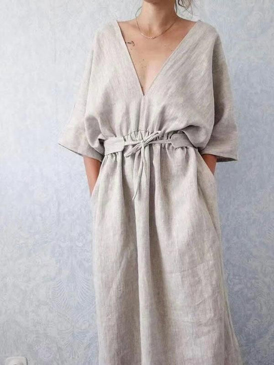 Lian Loungewear custom colour 100% linen relaxed V-neck maxi dress with adjustable waist tie, made to order in natural linen material.