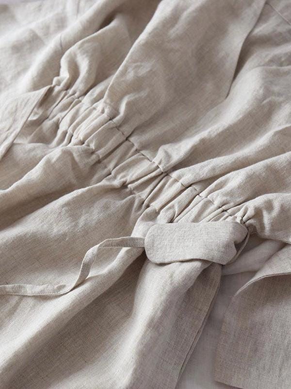 Lian Loungewear custom colour 100% linen relaxed V-neck maxi dress with adjustable waist tie, natural linen material, made to order.