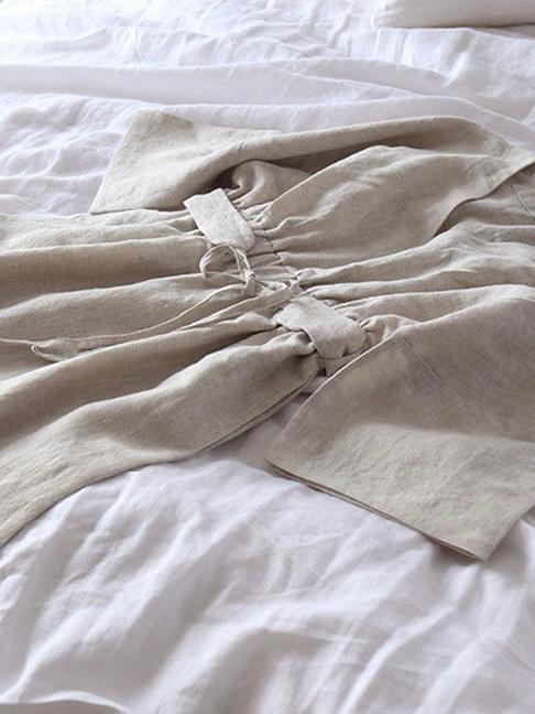 Lian Loungewear custom colour 100% linen maxi dress with relaxed fit, V-neck, and adjustable waist tie, made from natural linen fabric.