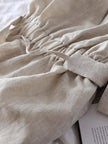 Lian Loungewear custom colour 100% linen maxi dress with relaxed V-neck, adjustable waist tie, made to order natural linen loungewear.