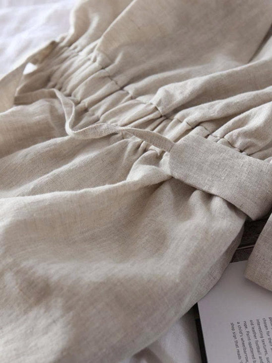Lian Loungewear custom colour 100% linen maxi dress with relaxed V-neck, adjustable waist tie, made to order natural linen loungewear.