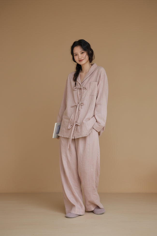 Pink cotton gauze pajama set by Lian Loungewear featuring a relaxed fit, soft fabric, and comfortable design for lounging or sleep.