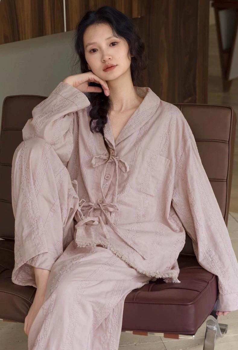 Pink cotton gauze pajama set by Lian Loungewear, featuring a relaxed fit and soft, breathable fabric perfect for comfortable sleep.