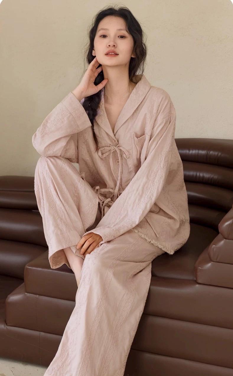 Pink cotton gauze pajama set from Lian Loungewear, featuring a comfortable, soft sleepwear ensemble with a relaxed fit.