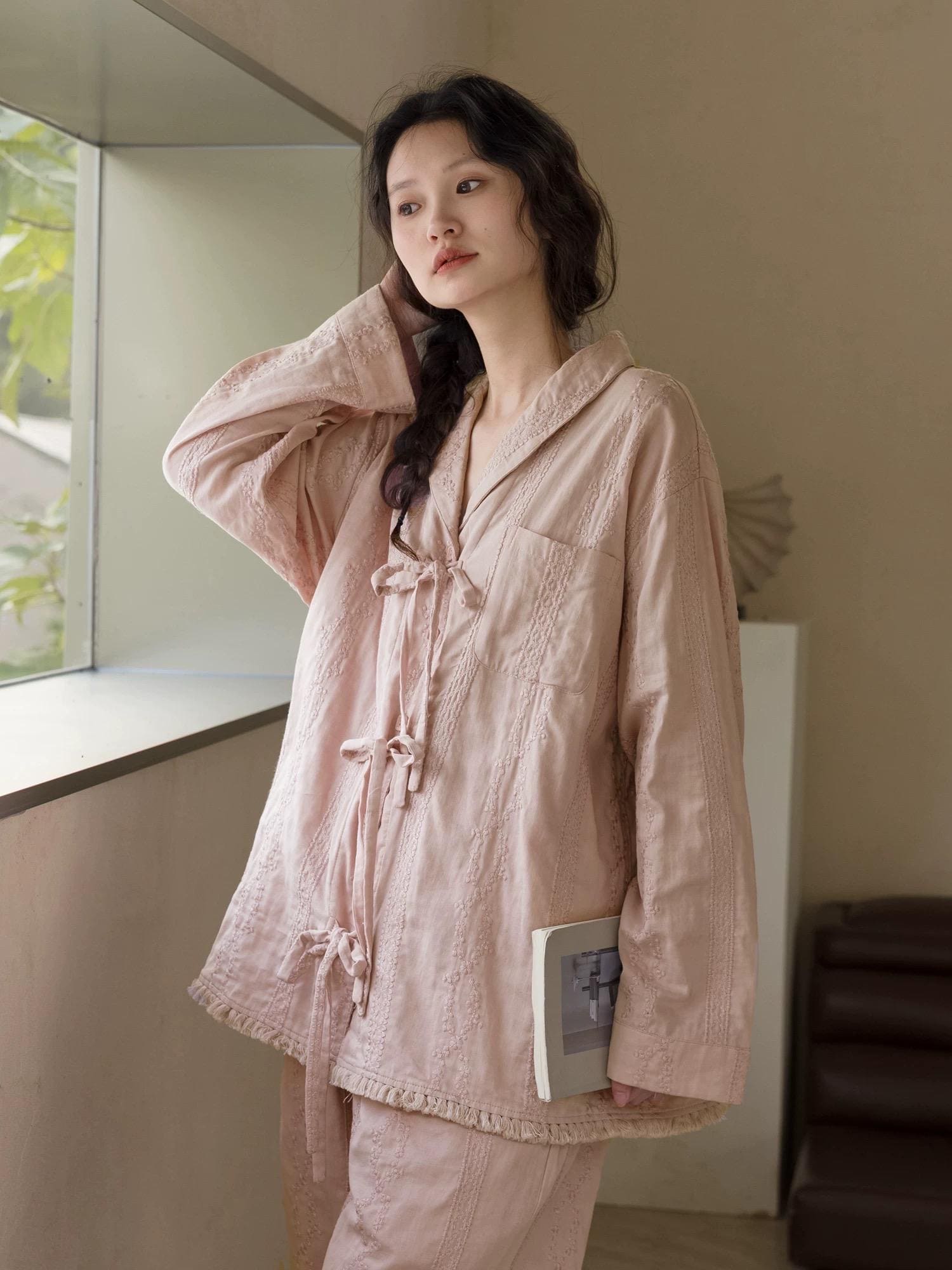 Pink cotton gauze pajama set by Lian Loungewear, featuring a relaxed top and matching pants for comfortable sleepwear.