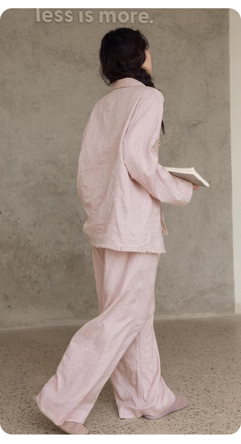 Pink cotton gauze pajama set from Lian Loungewear featuring a relaxed fit and soft, breathable fabric for comfortable sleepwear.