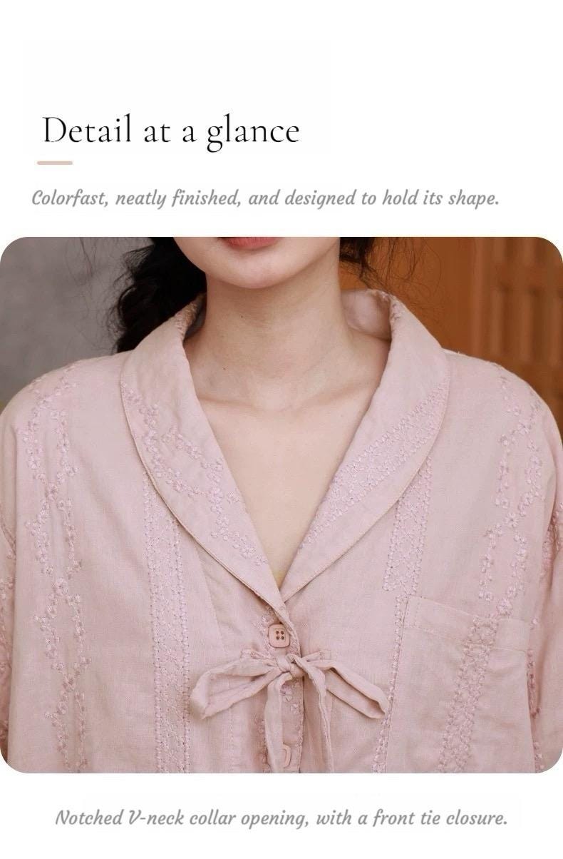 Pink cotton gauze pajama set from Lian Loungewear, featuring comfortable, lightweight fabric and relaxed fit for cozy sleepwear.