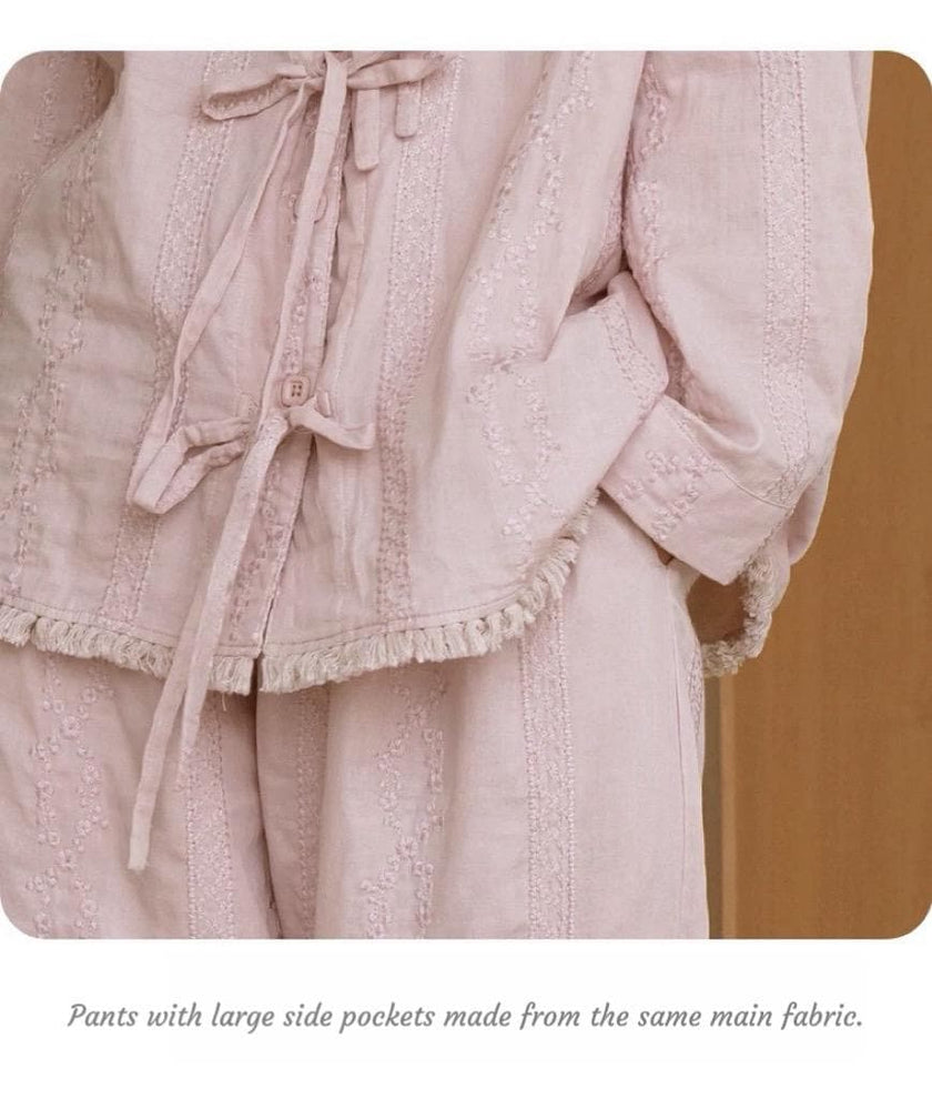 Pink cotton gauze pajama set by Lian Loungewear, featuring a relaxed fit and soft fabric for comfortable sleepwear.