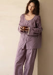 Purple slub cotton pajama set with embroidered lace trim by Lian Loungewear, featuring a comfortable top and matching pants.