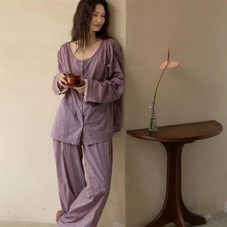 Purple slub cotton pajama set by Lian Loungewear with embroidered lace trim, comfortable loungewear for relaxing evenings.