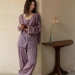 Purple slub cotton pajama set by Lian Loungewear with embroidered lace trim, comfortable loungewear for relaxing evenings.
