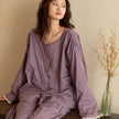 Purple slub cotton pajama set with embroidered lace trim from Lian Loungewear, featuring a comfortable, relaxed fit.