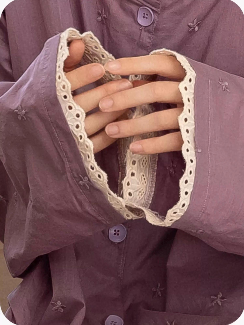 Purple slub cotton pajama set with embroidered lace trim from Lian Loungewear, showing the comfortable loungewear with detailed lace accents.