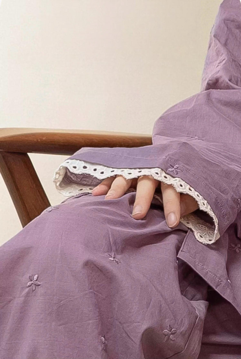 Purple slub cotton pajama set with embroidered lace trim from Lian Loungewear, featuring a cozy and stylish loungewear design.