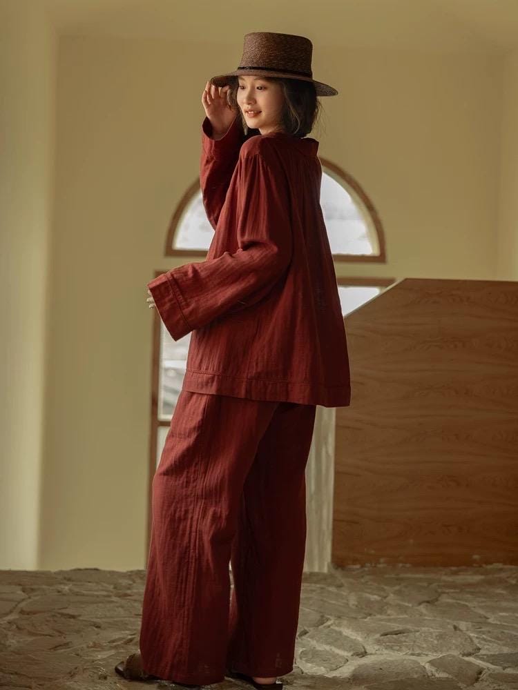 Lian Loungewear organic gauze cotton pajama set in muted red, round collar loungewear perfect for Christmas gift or cozy nights