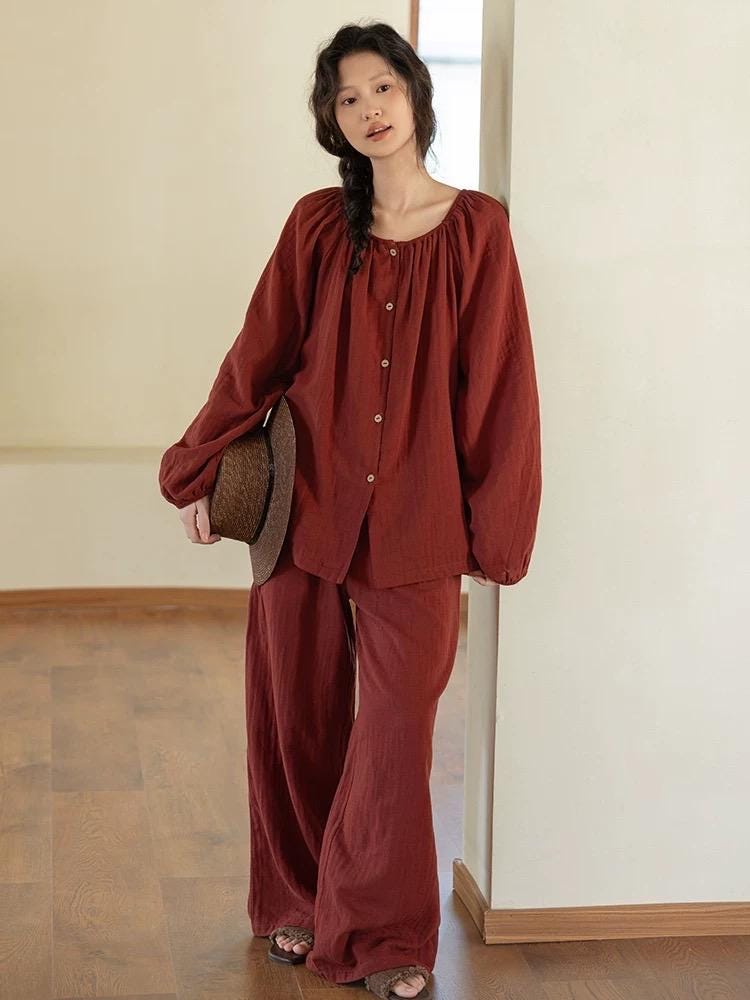 Lian Loungewear organic gauze cotton pajama set in muted red, round collar, cozy loungewear perfect for Christmas gift-ready comfort.