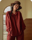 Organic gauze cotton pajama set by Lian Loungewear featuring muted red lounge pajamas, perfect for Christmas gift-giving.