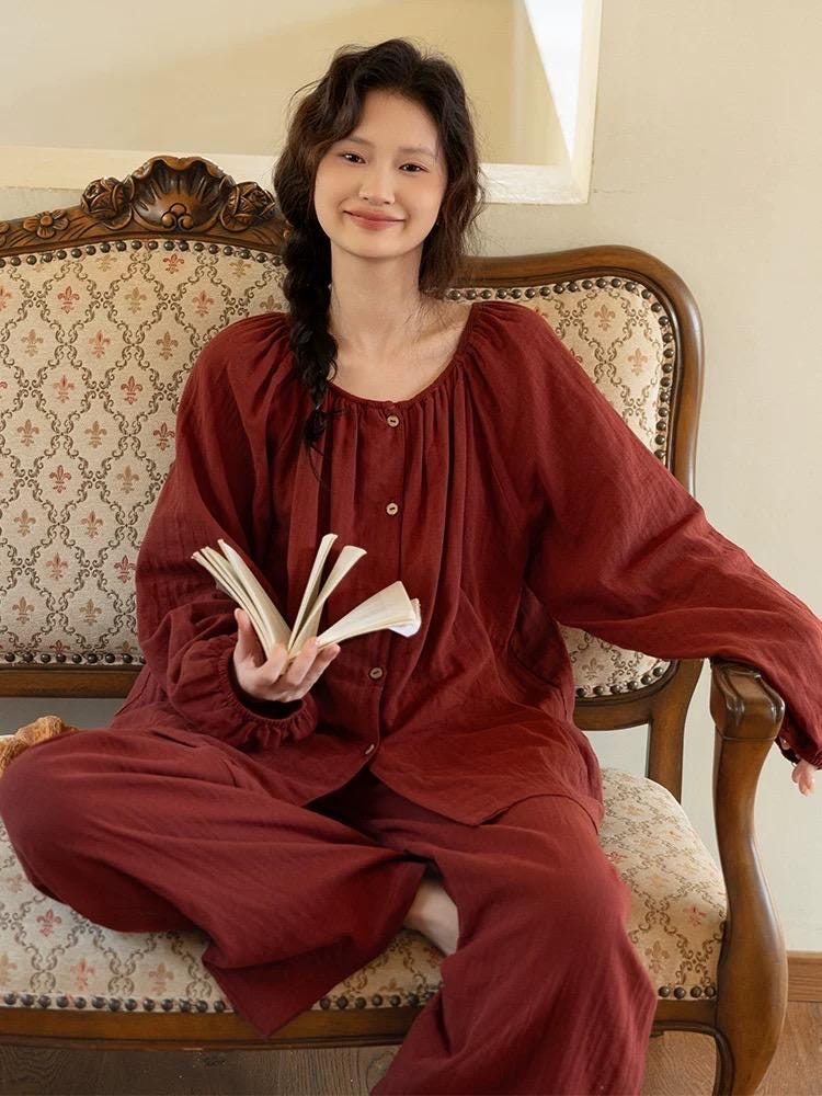 Lian Loungewear organic gauze cotton pajama set in muted red, round collar, comfortable Christmas loungewear for women.