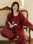 Lian Loungewear organic gauze cotton pajama set in muted red, round collar, comfortable Christmas loungewear for women.