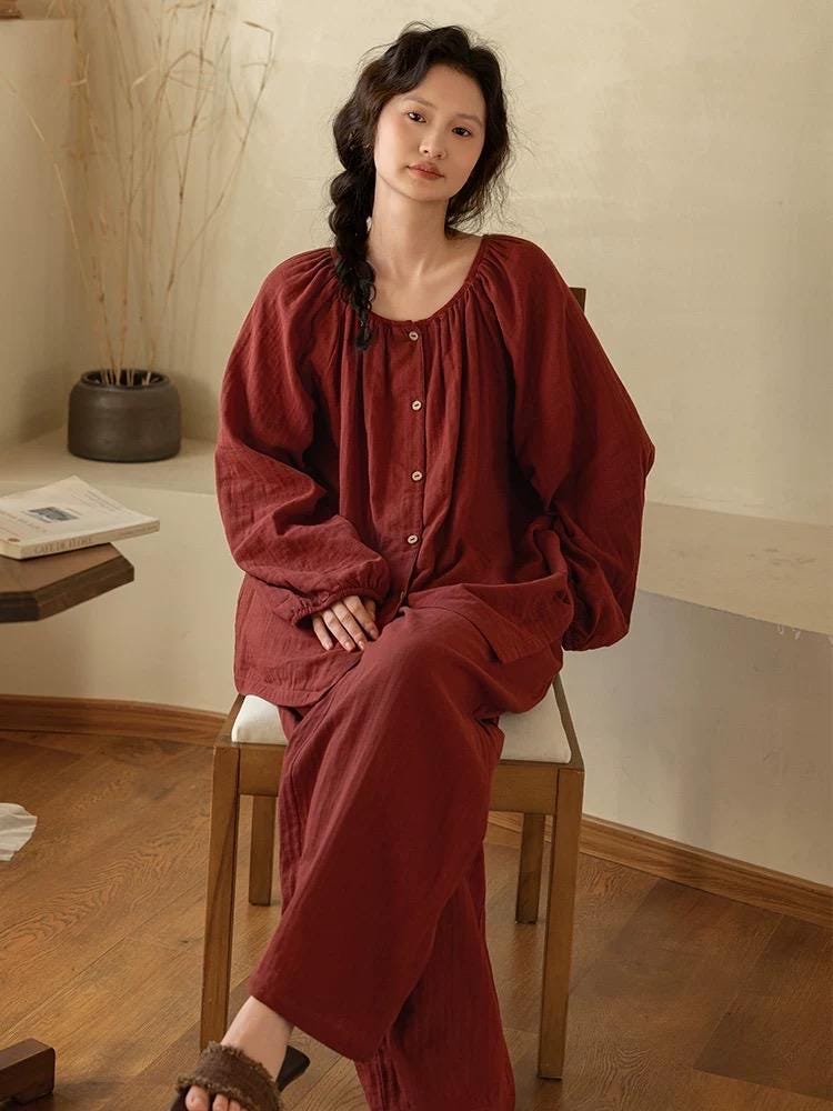 Lian Loungewear organic gauze cotton pajama set in muted red, round collar, cozy Christmas loungewear for comfort and relaxation.