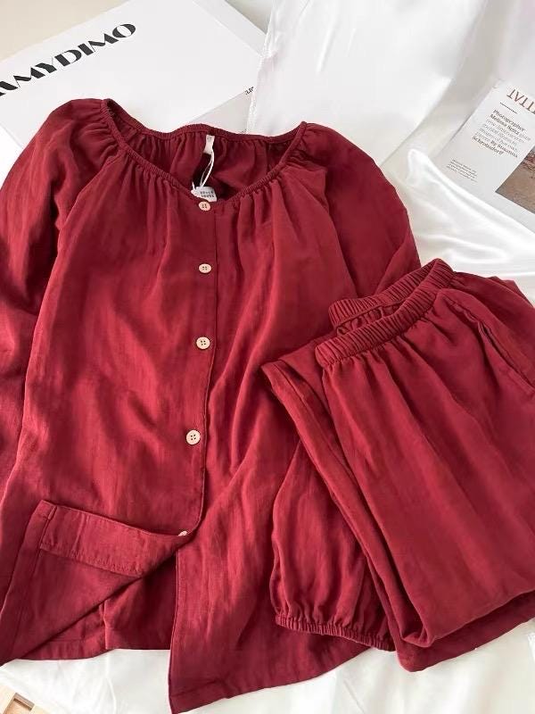 Lian Loungewear organic gauze cotton pajama set in muted red, featuring a round collar, perfect for Christmas loungewear and gifts.
