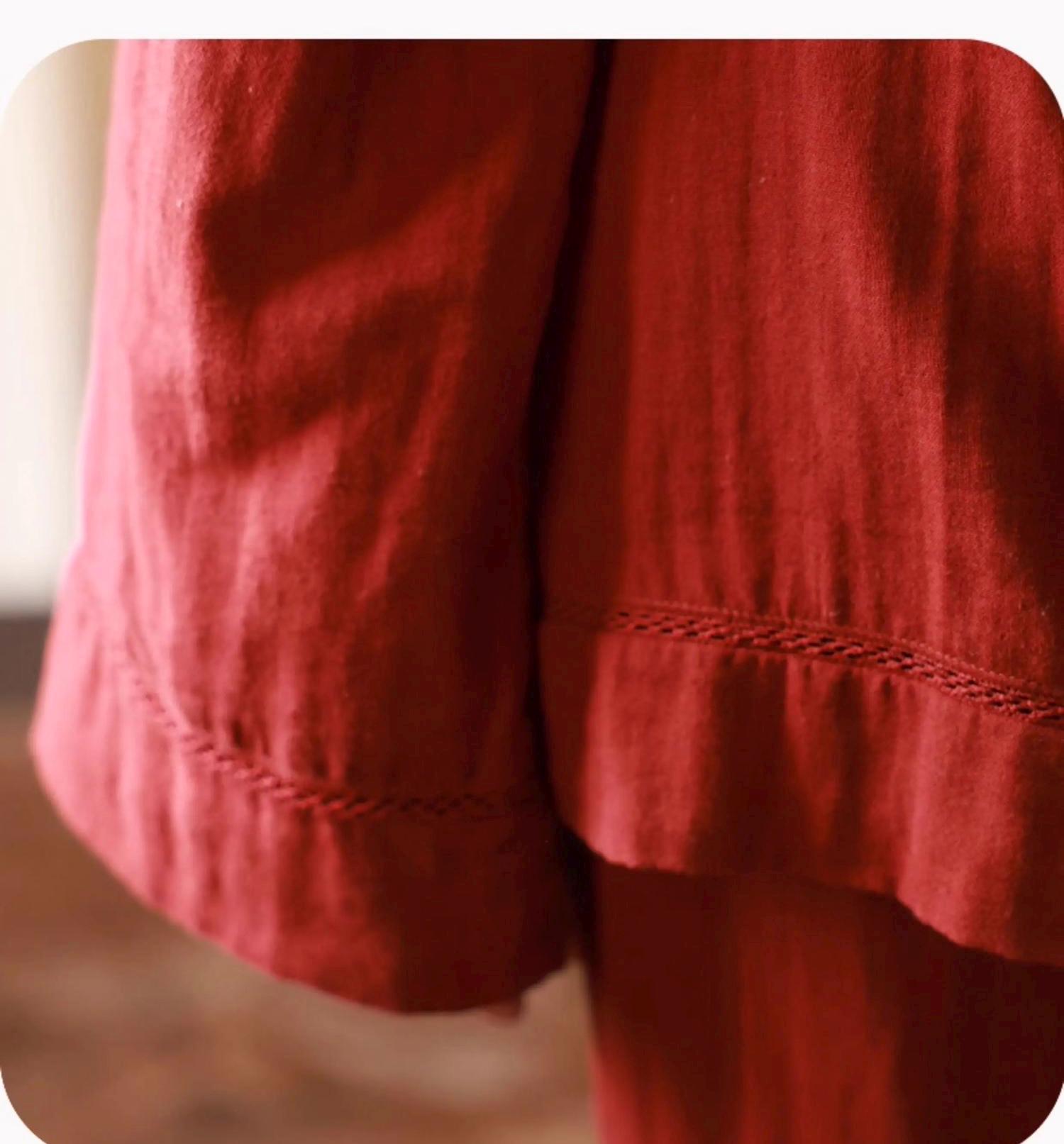 Organic gauze cotton pajama set by Lian Loungewear in muted red, featuring round collar, perfect for Christmas loungewear or gifts.