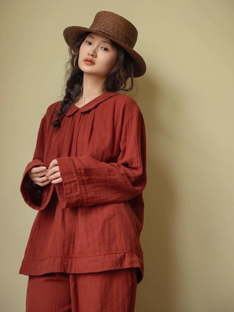 Lian Loungewear organic gauze cotton pajama set in muted red, round collar, comfortable Christmas loungewear for women.