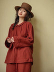 Lian Loungewear organic gauze cotton pajama set in muted red, round collar, comfortable Christmas loungewear for women.