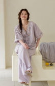 Lian Loungewear bamboo cotton women’s loungewear set with short top, long pants, breathable fabric, embroidered details.