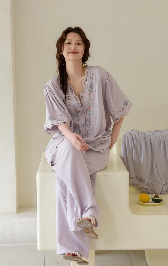 Lian Loungewear bamboo cotton women’s loungewear set with short top, long pants, breathable fabric, embroidered details.