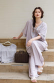 Lian Loungewear bamboo cotton women’s loungewear set with embroidered short top and long pants, breathable and comfortable.