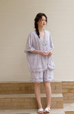 Lian Loungewear bamboo cotton women's loungewear set with short top and long pants, breathable embroidered pyjama ensemble.