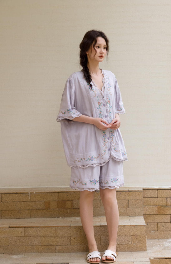Lian Loungewear bamboo cotton women's loungewear set with short top and long pants, breathable embroidered pyjama ensemble.