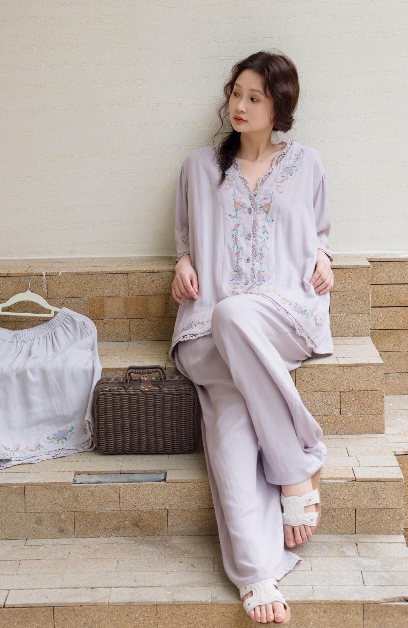 Lian Loungewear bamboo cotton women's loungewear set with embroidered top and long pants, breathable and comfortable pajamas.